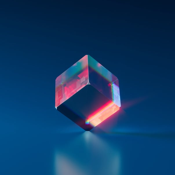 Equilibrium blue and red cube standing on one edge